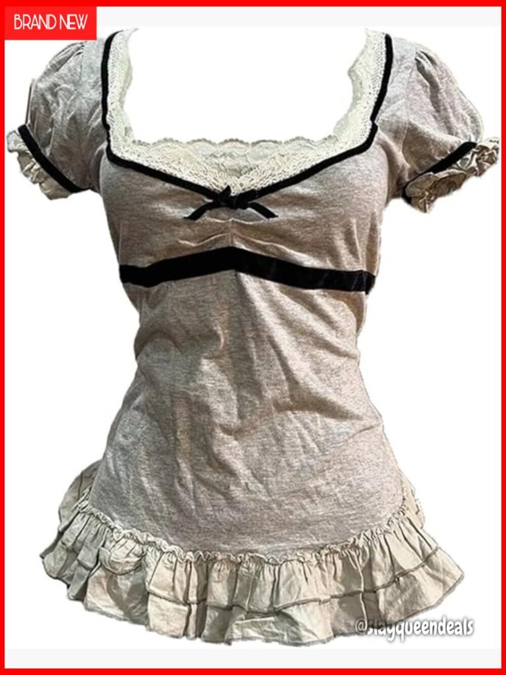 Lace Trim Puff Sleeve Boat Neck Blouse Fitted Casual Top